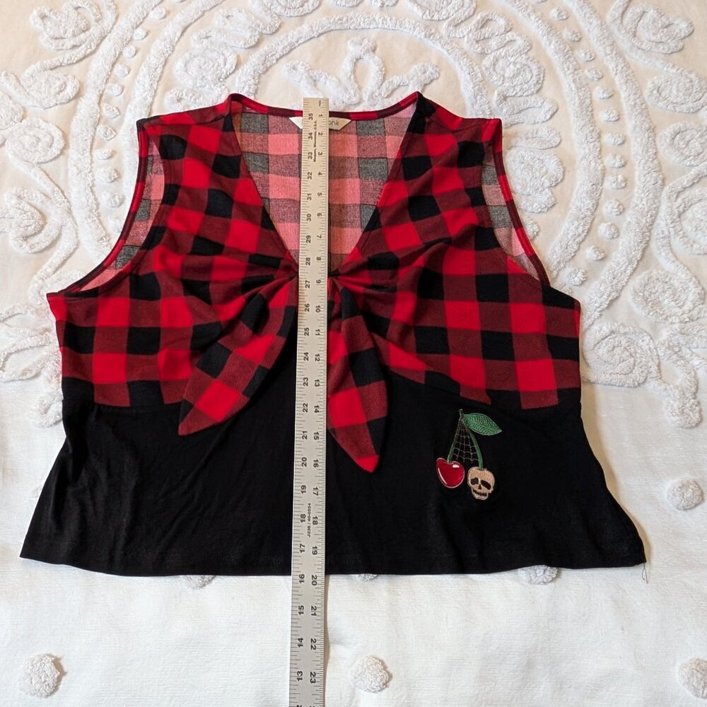 Royal Monk 3X buffalo plaid v-neck crop top skull cherry spiderweb EUC - Picture 6 of 10